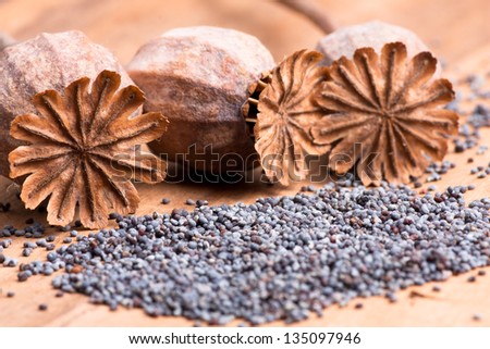 Poppy seeds and poppy heads on a wooden table