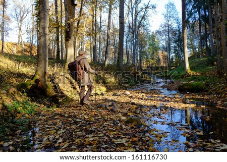A young man walks in the forest near creek.