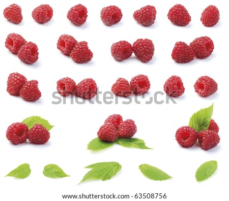 Various fresh organic garden raspberries with green leaf isolated on white background