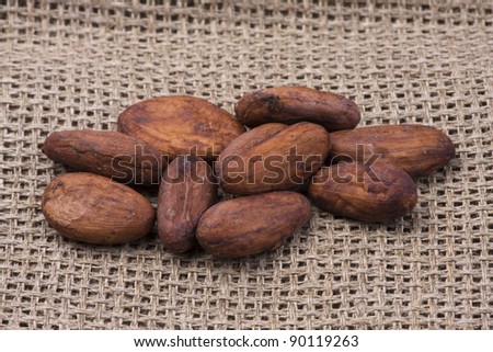 Cocoa beans on burlap. Shallow depth of field. A variety of cocoa beans