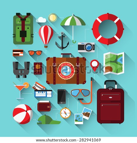 Flat design icons set of planning a summer vacation. Travel, tourism and journey objects. Passenger luggage. Vector illustration