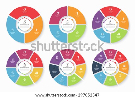 Vector infographic circle set. Templates for cycling diagram, graph, round chart, workflow layout, number options, web design. Business concept with 3, 4, 5, 6, 7, 8 steps, parts, options