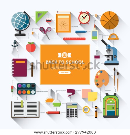 Back to school flat vector background with education icon set. School supplies : schoolbook, notebook, pen, pencil, paints, stationary, training aids, school bag etc. Isolated on white background