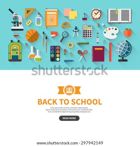 Back to school flat design vector banner with education icon set. School supplies : textbook, notebook, pen, pencil, paints, stationary, training aids, school bag, ball etc. Space for text