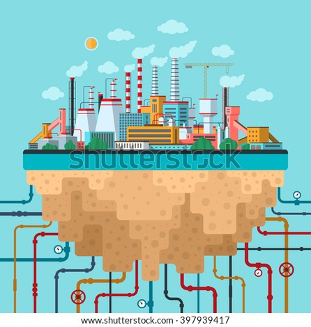 Industrial landscape. Factory, plant, smoking pipes, buildings, constructions, utilities, communications. Ecology and nature pollution conceptual background. Flat design banner. Vector illustration