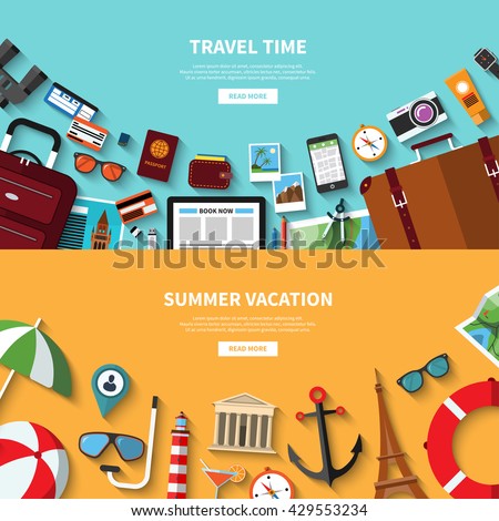 Travel time. Summer vacation. Vector concept banners in flat style with the set of traveling and tourism icons. Travel symbols, objects and accessories, passenger luggage and equipment