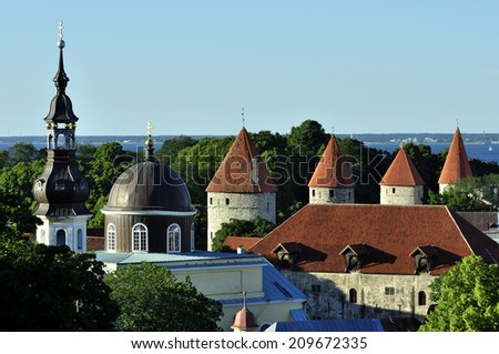 TALLINN, ESTONIA - JULY 12: View on Tallinn towers from the sightseeing platform in Tallinn, Estonia on July 12, 2014