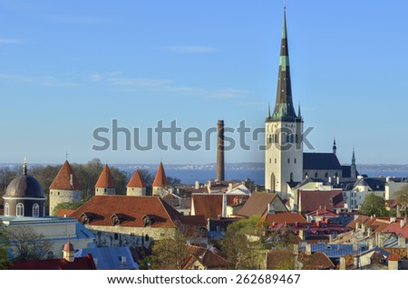 TALLINN, ESTONIA - JULY 12: View on Tallinn towers from the sightseeing platform in Tallinn, Estonia on July 12, 2014