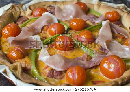 Basque Cake with ham, tomatoes, and beans