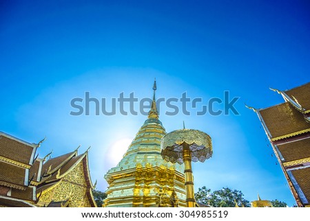 Temple on the mountain on Doi Suthep mountain , Chiang Mai , Thailand by a strong light blue with wide lens and make tone to be like half LOMO theme and show much more colors than the original color.