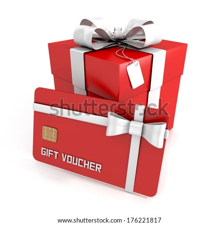 gift voucher gift card with white ribbon and gift box isolated on white background 3D render gift voucher gift card with white ribbon and gift box isolated on white background 3D render