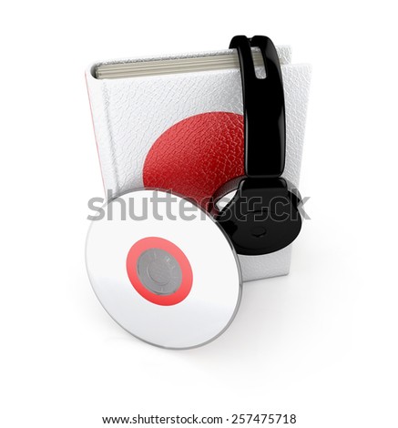 Audio Book. Japanese learning concept with cd, book and headphones. 3d render.