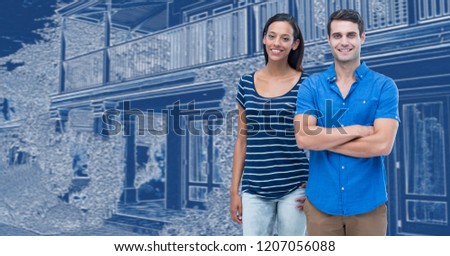 Digital composite of Couple in front of house drawing sketch