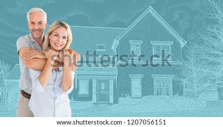 Digital composite of Mature couple hugging in front of house drawing sketch