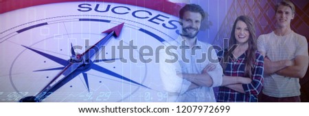 Smiling business people with arms crossed standing against white background against compass pointing to success