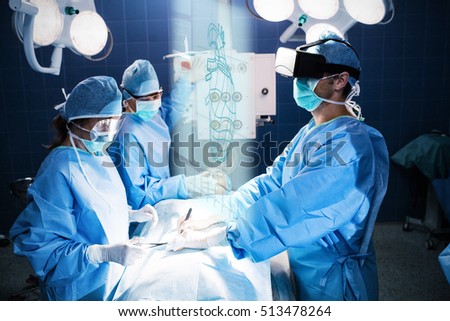 Illustration of heart against surgeons performing operation in theater
