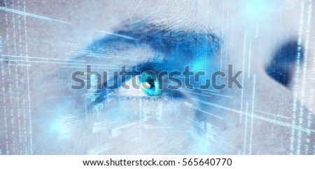 Illustration of virtual data against close up of man looking away with gray eye