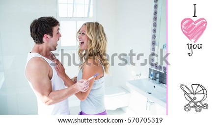 Digital composite image of couple celebrating positive pregnancy test with I love you baby text