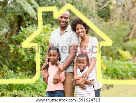 Digital composition of home outline with family standing in park