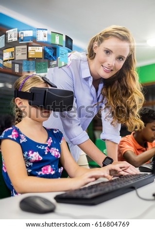 Digital composite of Giril with teacher wearing VR Virtual Reality Headset with Interface