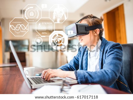 Digital composite of Woman wearing VR Virtual Reality Headset with Health fitness Interface