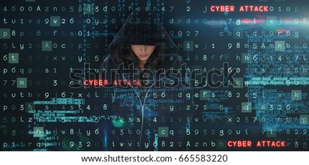 Female hacker in black hoodie against virus background