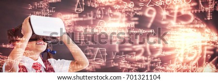 Digitally generated image of trigonometric equations with solution against schoolgirl using virtual reality headset against blackboard