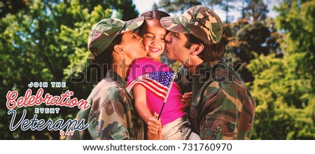 Army couple kissing daughter against logo for veterans day in america