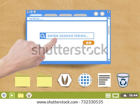 Digital composite of Hand touching Website search box window and Folder and files icons on Paper cut out desktop
