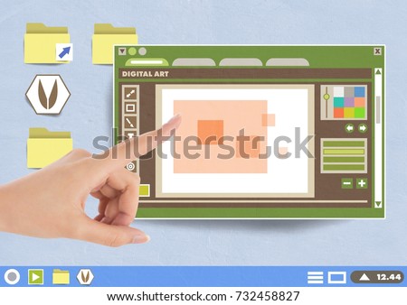 Digital composite of Hand touching Digital art editor window and Folder and files icons on Paper cut out desktop