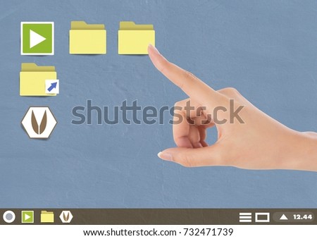 Digital composite of Hand touching Folder and files icons on Paper cut out desktop