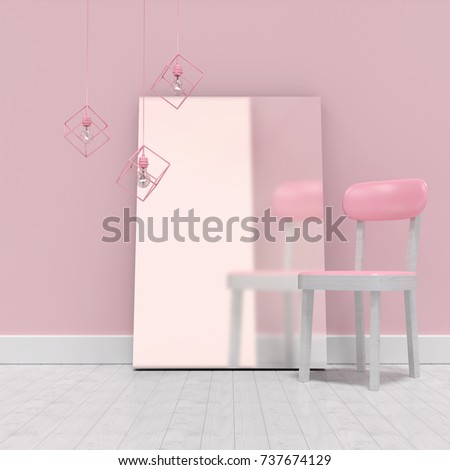 Pink chair by blank whiteboard against wall at home