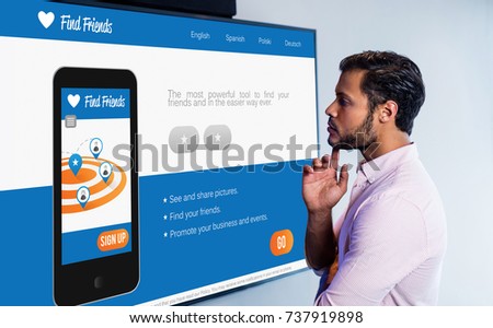 3D interface of chat application against thoughtful man looking over whiteboard
