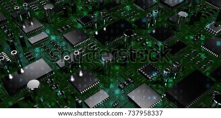 Virus background against close up of circuit board