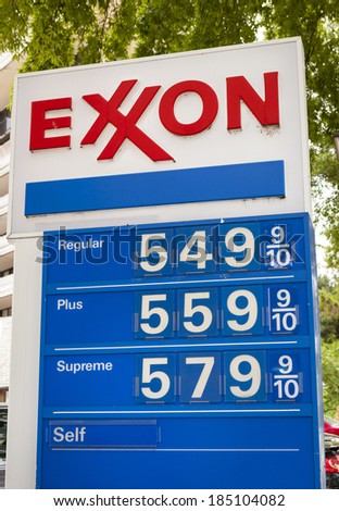 WASHINGTON, DC, USA - $5 gas price sign at Exxon service station on May 7, 2012.