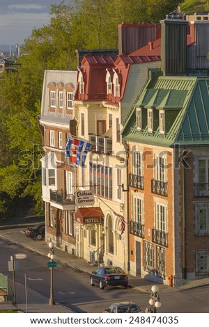 QUEBEC CITY, QUEBEC, CANADA - MAY 29, 2004: Chateau de la Terrasse Hotel, and U.S. Consulate building, along Duffferin Terrace, old Quebec City.
