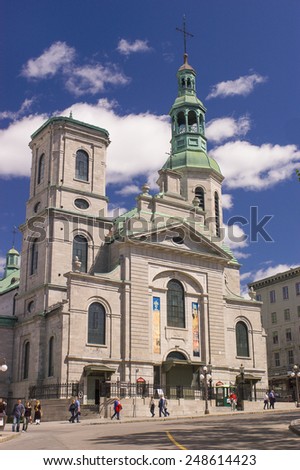 QUEBEC CITY, QUEBEC, CANADA - MAY 30, 2004: Notre Dame Basilica Cathedral, exterior, in Old Quebec.