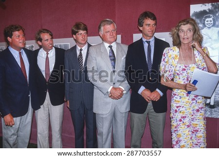 HYANNISPORT, MA, USA - U. S. Kennedy family. At right , Eunice Kennedy Shriver. Ted Kennedy, center. July 15, 1990