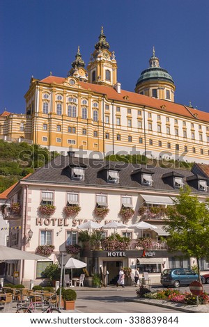 MELK, AUSTRIA -  SEPTEMBER 2003: Stift Melk Benedictine abbey rises above a hotel in Melk, in the Danube River Valley.