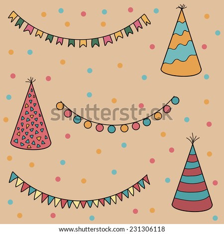 Party set: colorful garlands, party hats, confetti. Vector illustration