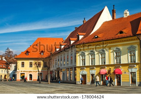 SIBIU, ROMANIA - FEBRUARY 15: Houses in the old town center of the 2007 European Capital of Culture on February 15, 2014.
