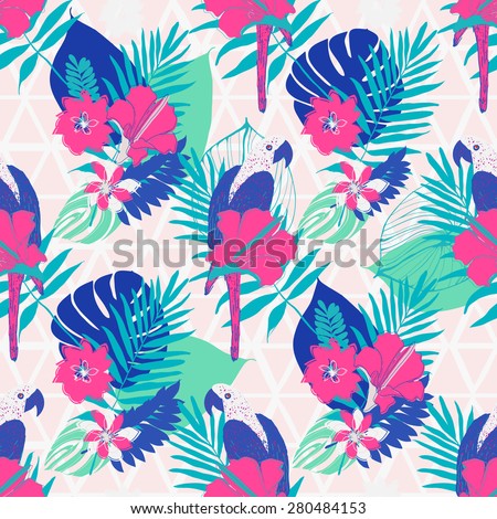 Seamless pattern with palm leaves and parrots.Colorful Nature seamless background. Tropical flower , blossom pattern background