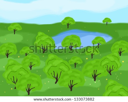 drawing natural landscape, a small forest lake