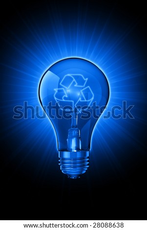 3D photo-realistic illustration of a glass lightbulb with a recycle filament