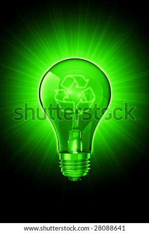 3D photo-realistic illustration of a glass lightbulb with a recycle filament