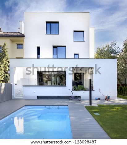 nice new family house with swimming pool and minimalistic garden