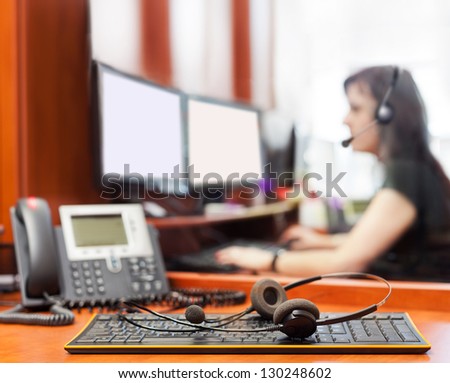 Call Center With Young Woman Background Headpones Detail Low Dept Of Filed