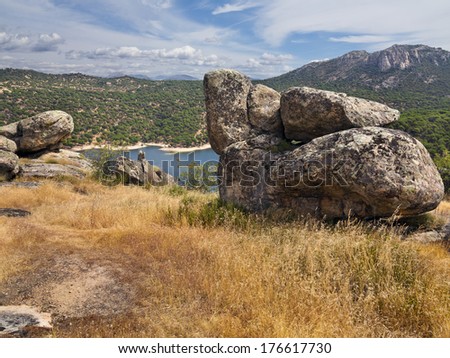 San Juan reservoir and Cabrera Alta hill from the Almodon hill. San Martin de Valdeiglesias. Madrid. Spain. Europe.