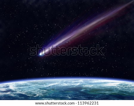 stock photo : Illustration of a comet flying through space close to the earth