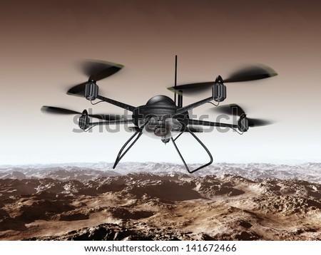 Illustration of a spy drone scanning a mountainous region
